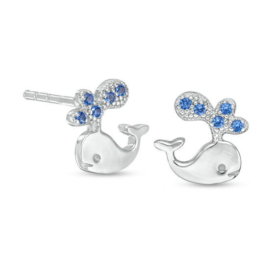 Child's Simulated Blue Spinel Beaded Water Spraying Whale Stud Earrings in Sterling Silver