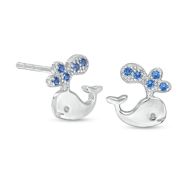 Child's Simulated Blue Spinel Beaded Water Spraying Whale Stud Earrings in Sterling Silver