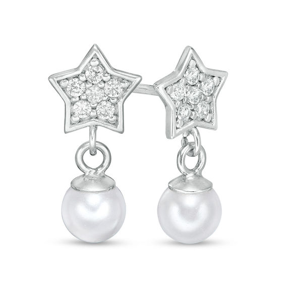 Child's 5mm Simulated Pearl and Cubic Zirconia Star Drop Earrings in Sterling Silver