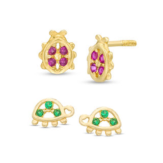 Child's Red and Green Cubic Zirconia Ladybug and Turtle Stud Earrings Set in 10K Gold