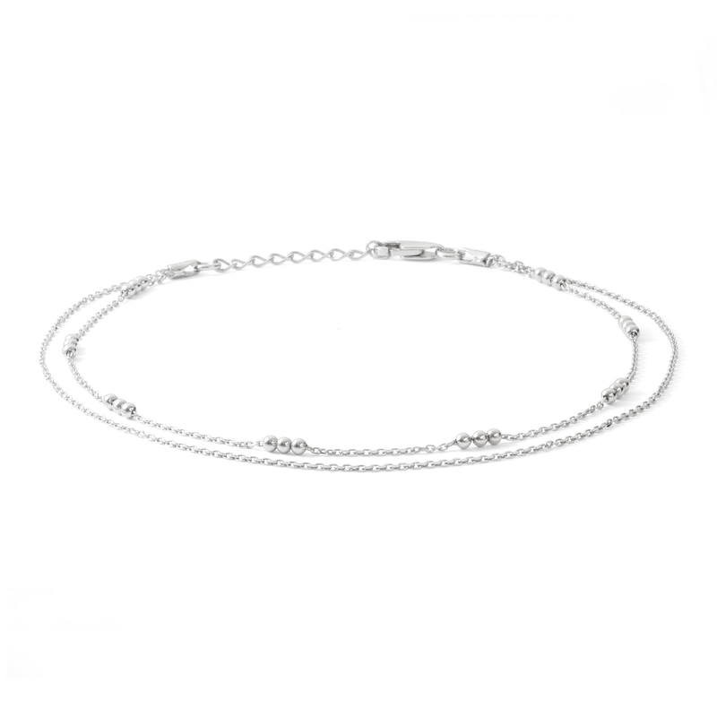 Made in Italy Double Strand 030 Gauge Triple Bead Station Anklet in Solid Sterling Silver - 10"