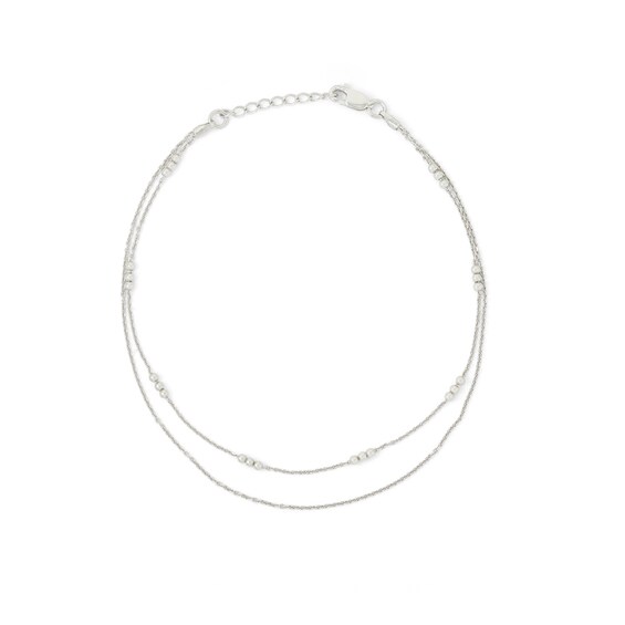 Made in Italy Double Strand 030 Gauge Triple Bead Station Anklet in Solid Sterling Silver - 10"
