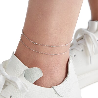 Made in Italy Double Strand 030 Gauge Triple Bead Station Anklet in Solid Sterling Silver - 10"