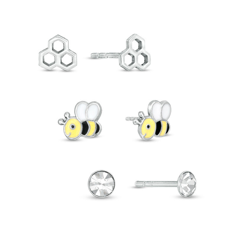 Main Image 1 of Child's Honey Bee, Honeycomb and Crystal Solitaire Stud Earrings Set in Sterling Silver