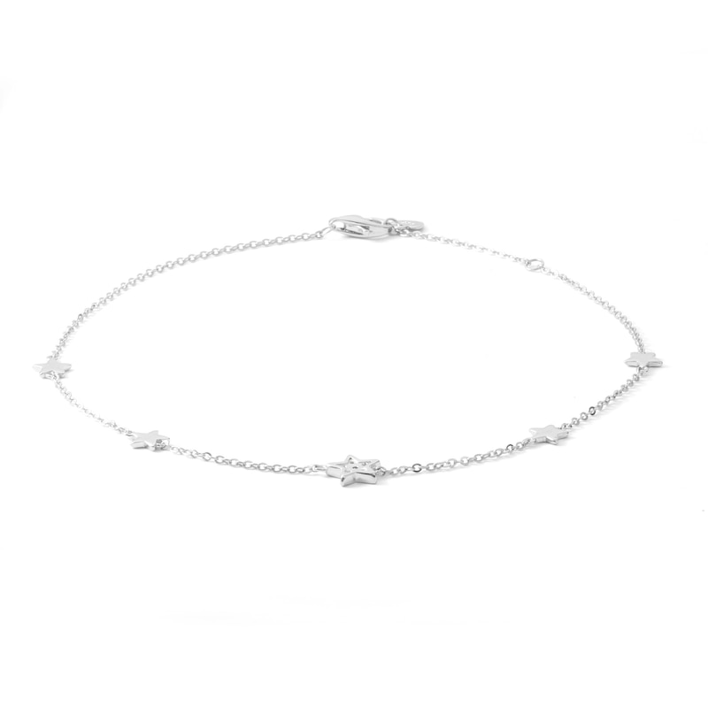 Solid Sterling Silver CZ Star Station Anklet