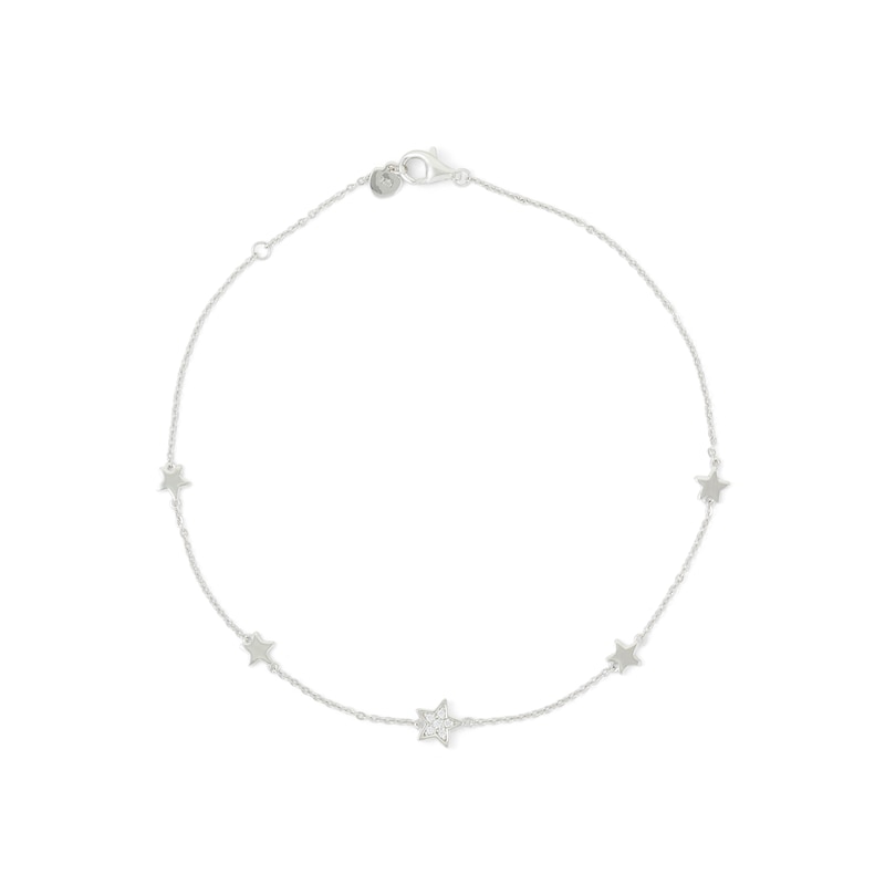 Solid Sterling Silver CZ Star Station Anklet