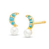 Child's Freshwater Cultured Pearl and Blue Cubic Zirconia Crescent Moon Stud Earrings in 10K Gold