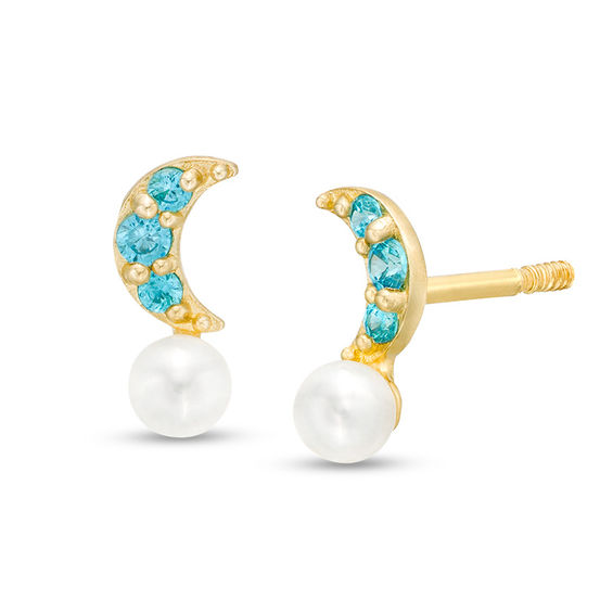 Child's Freshwater Cultured Pearl and Blue Cubic Zirconia Crescent Moon Stud Earrings in 10K Gold