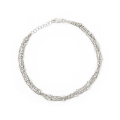 Sterling Silver Bead Station Triple Strand Singapore Chain Anklet Made in Italy - 10"