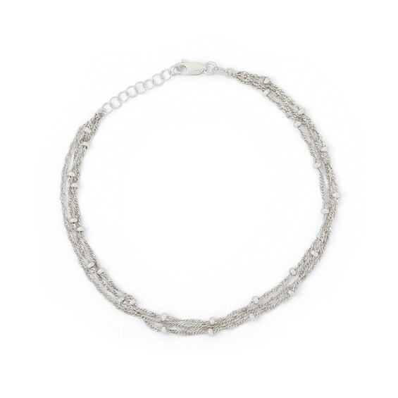 Sterling Silver Bead Station Triple Strand Singapore Chain Anklet Made in Italy - 10"