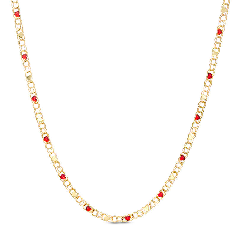 Main Image 1 of Child's Red Enamel and Mirror Heart Alternating Double Circle Link Necklace in 10K Gold - 15"