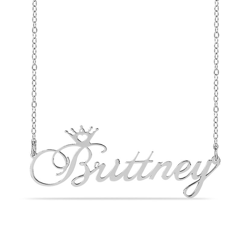 Main Image 1 of Script Name with Heart Cut-Out Crown Necklace in Sterling Silver (1 Line)