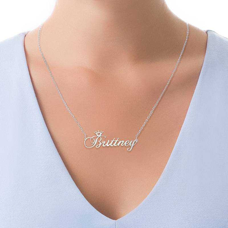 Main Image 2 of Script Name with Heart Cut-Out Crown Necklace in Sterling Silver (1 Line)