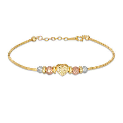 Diamond-Cut Puff Heart and Graduating Bead Bracelet in 10K Tri-Tone Gold - 7.5"