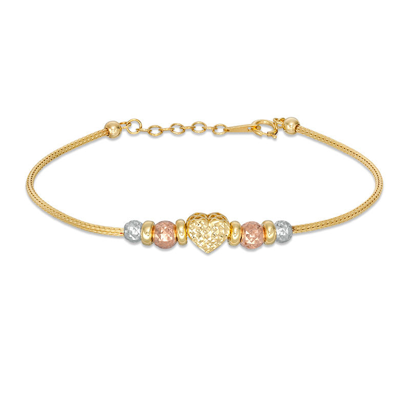 Main Image 1 of Diamond-Cut Puff Heart and Graduating Bead Bracelet in 10K Tri-Tone Gold - 7.5"