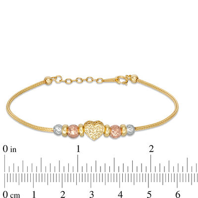 Diamond-Cut Puff Heart and Graduating Bead Bracelet in 10K Tri-Tone Gold - 7.5"