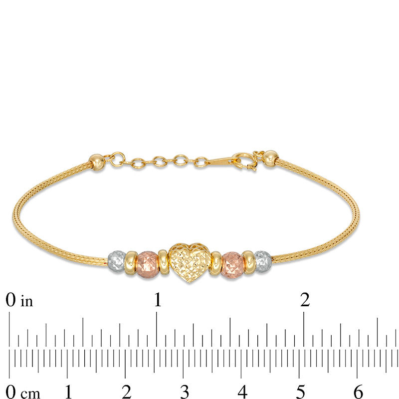Main Image 2 of Diamond-Cut Puff Heart and Graduating Bead Bracelet in 10K Tri-Tone Gold - 7.5"