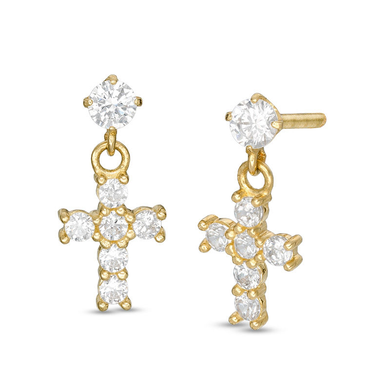 Main Image 1 of Child's Cubic Zirconia Cross Drop Earrings in 10K Gold