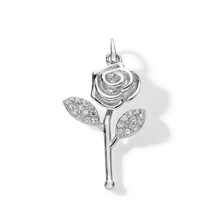 Cubic Zirconia Long Stem Rose Necklace Charm in Solid Sterling Silver