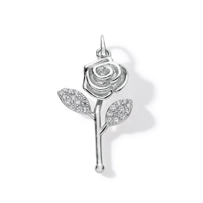 Cubic Zirconia Long Stem Rose Necklace Charm in Solid Sterling Silver