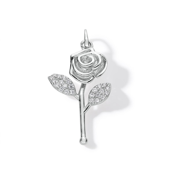 Cubic Zirconia Long Stem Rose Necklace Charm in Solid Sterling Silver