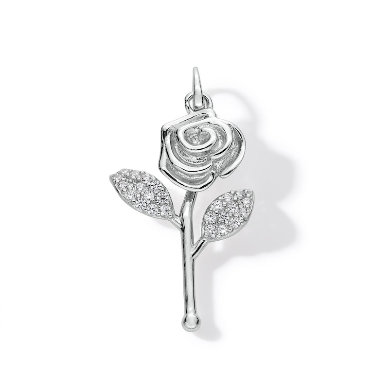 Cubic Zirconia Long Stem Rose Necklace Charm in Solid Sterling Silver