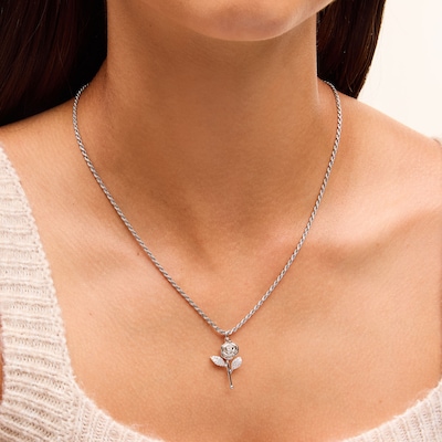 Cubic Zirconia Long Stem Rose Necklace Charm in Solid Sterling Silver