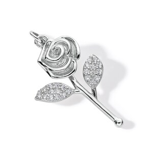 Cubic Zirconia Long Stem Rose Necklace Charm in Solid Sterling Silver