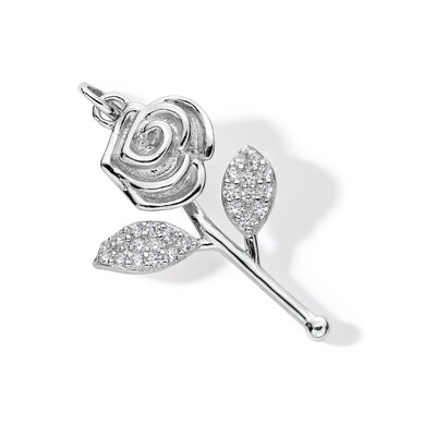 Cubic Zirconia Long Stem Rose Necklace Charm in Solid Sterling Silver