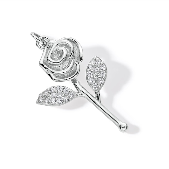 Cubic Zirconia Long Stem Rose Necklace Charm in Solid Sterling Silver