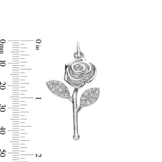 Cubic Zirconia Long Stem Rose Necklace Charm in Solid Sterling Silver