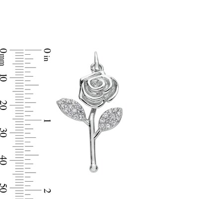 Cubic Zirconia Long Stem Rose Necklace Charm in Solid Sterling Silver
