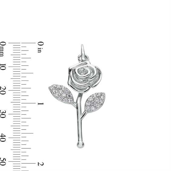 Cubic Zirconia Long Stem Rose Necklace Charm in Solid Sterling Silver