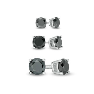Solid Sterling Silver Graduated Black CZ Three Pair Stud Earrings Set