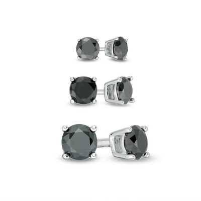 Solid Sterling Silver Graduated Black CZ Three Pair Stud Earrings Set