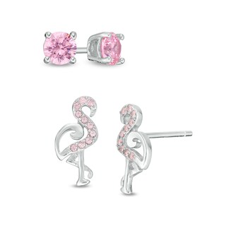Pink Cubic Zirconia Solitaire and Flamingo Stud Earrings Set in Sterling Silver