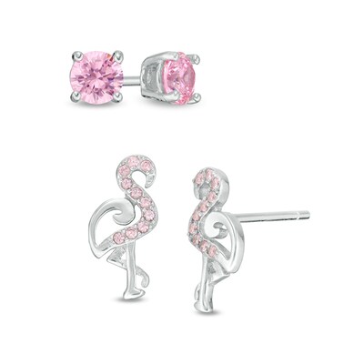 Pink Cubic Zirconia Solitaire and Flamingo Stud Earrings Set in Sterling Silver