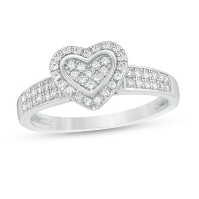Cubic Zirconia Heart-Shaped Composite Frame Double Row Ring in Sterling Silver - Size 7