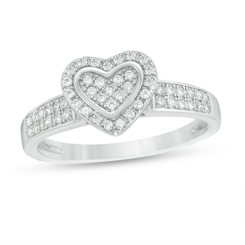 Cubic Zirconia Heart-Shaped Composite Frame Double Row Ring in Sterling Silver - Size 7