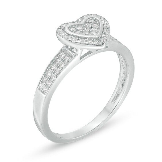 Cubic Zirconia Heart-Shaped Composite Frame Double Row Ring in Sterling Silver - Size 7