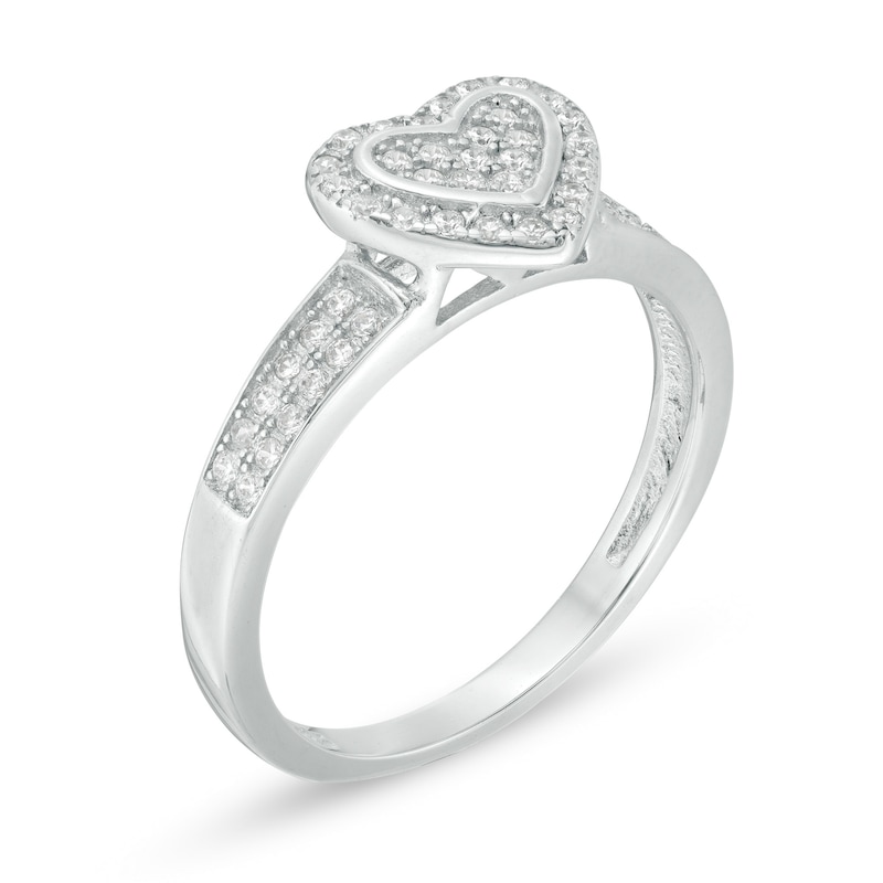 Cubic Zirconia Heart-Shaped Composite Frame Double Row Ring in Sterling Silver - Size 7