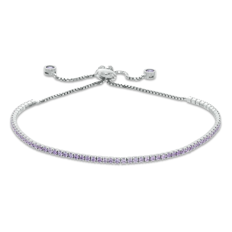 Purple and White Cubic Zirconia Accent Line Bolo Bracelet in Sterling Silver - 9.5"