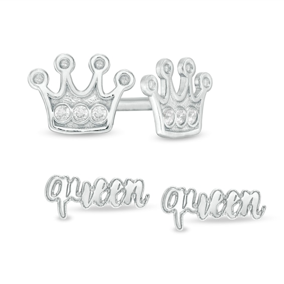 Cubic Zirconia Crown and "queen" Stud Earrings Set in Sterling Silver