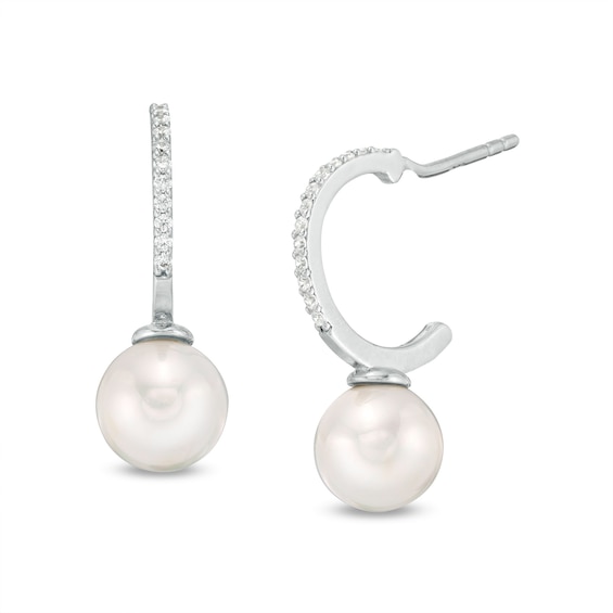 8mm Cultured Freshwater Pearl and Cubic Zirconia J-Hoop Earrings in Sterling Silver