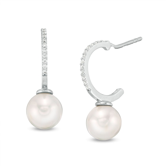 8mm Freshwater Cultured Pearl and Cubic Zirconia J-Hoop Earrings in Sterling Silver