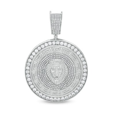 Cubic Zirconia Lion Head and Greek Key Medallion Necklace Charm in Solid Sterling Silver
