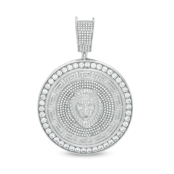 Cubic Zirconia Lion Head and Greek Key Medallion Necklace Charm in Solid Sterling Silver