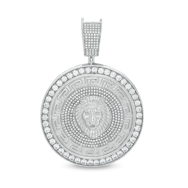 Cubic Zirconia Lion Head and Greek Key Medallion Necklace Charm in Solid Sterling Silver
