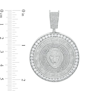 Cubic Zirconia Lion Head and Greek Key Medallion Necklace Charm in Solid Sterling Silver