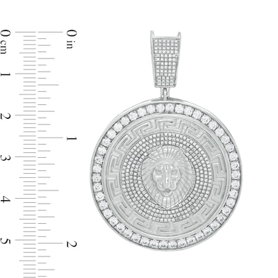 Cubic Zirconia Lion Head and Greek Key Medallion Necklace Charm in Solid Sterling Silver